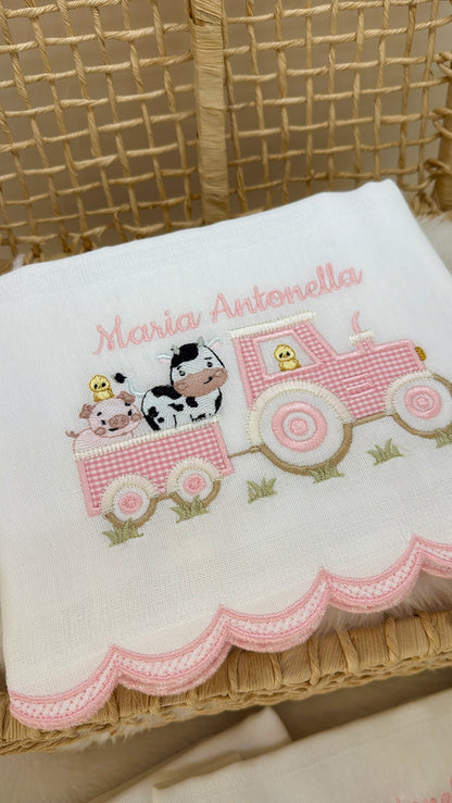 Kit 3 Fraldas Bordadas Trator dos Animais Rosa