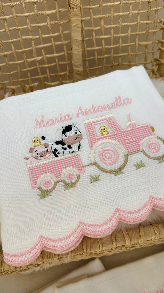 Kit 3 Fraldas Bordadas Trator dos Animais Rosa