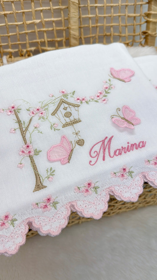 Kit 3 Fraldas Bordadas Cerejeira com Borboletas 3D